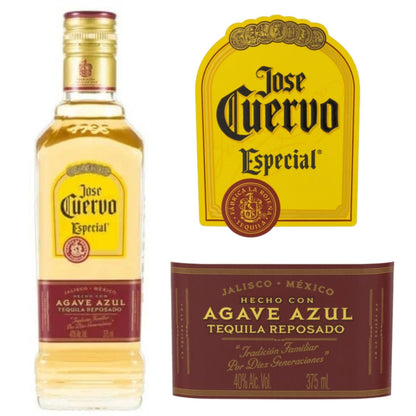 Garrafa Jose Cuervo Especial e detalhes do rótulo, que identifica tequila reposado de agave azul, 40% alc./vol. e 375 ml.