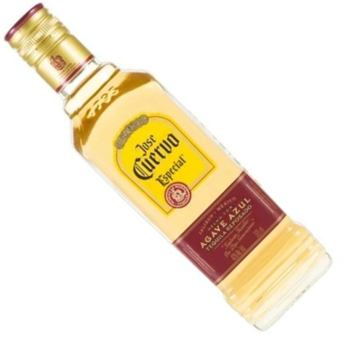 Garrafa de tequila Jose Cuervo Especial Reposado inclinada, com rótulo amarelo e vinho.