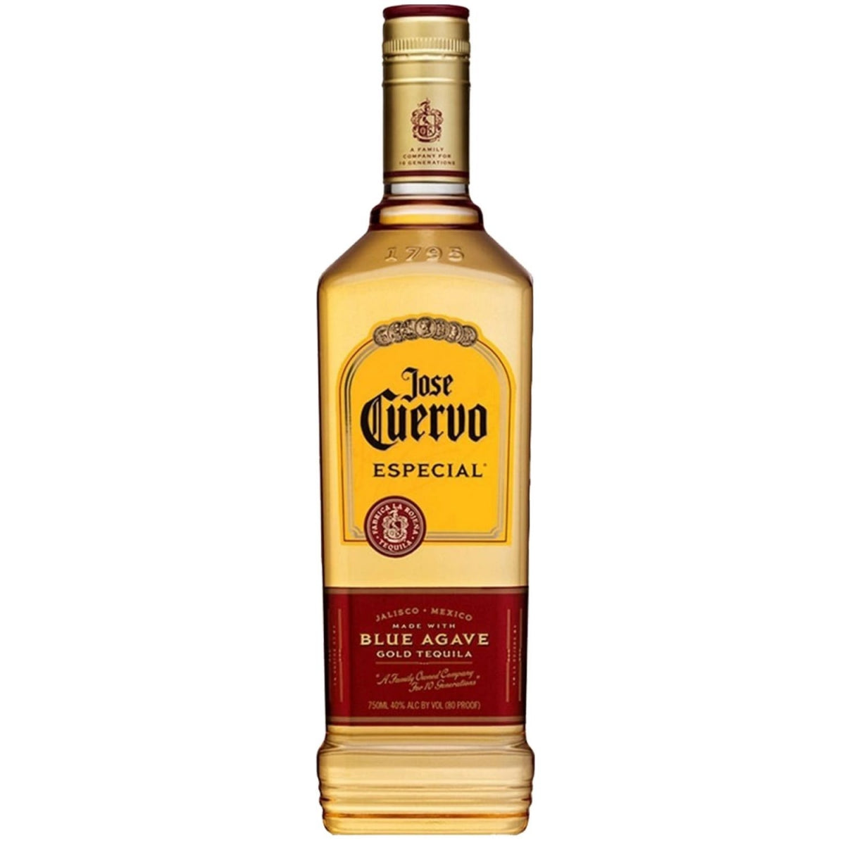 Garrafa dourada de tequila Jose Cuervo Especial com rótulo amarelo e vermelho.