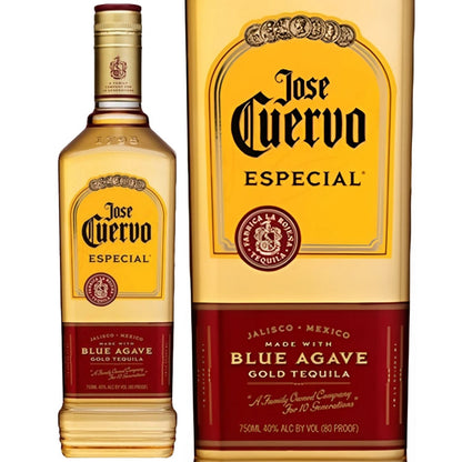 Garrafa Jose Cuervo Especial ao lado de um close do rótulo, que mostra agave azul, 750 ml e 40% de álcool.