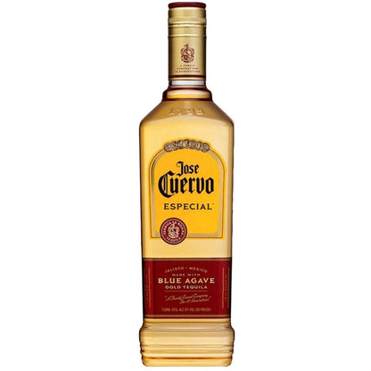 Garrafa dourada de tequila Jose Cuervo Especial com rótulo amarelo e vermelho.