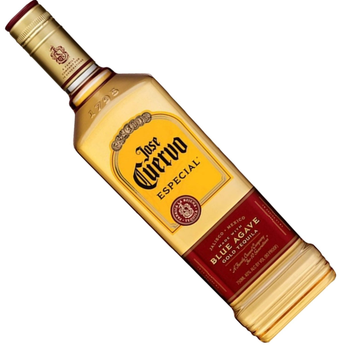 Garrafa dourada Jose Cuervo Especial inclinada, com rótulo amarelo e vermelho.