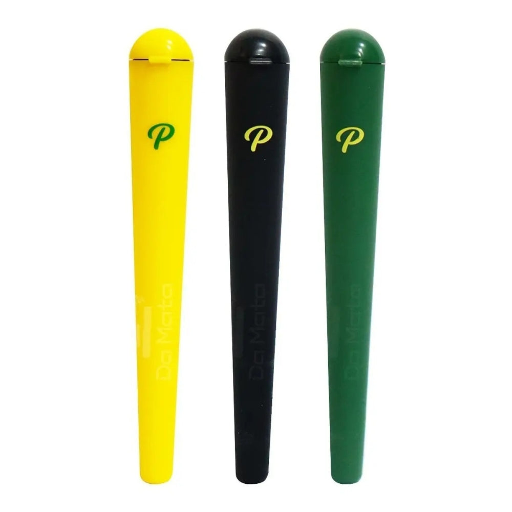 Três tubos Papelito Tubelitos com tampa, nas cores amarelo, preto e verde.