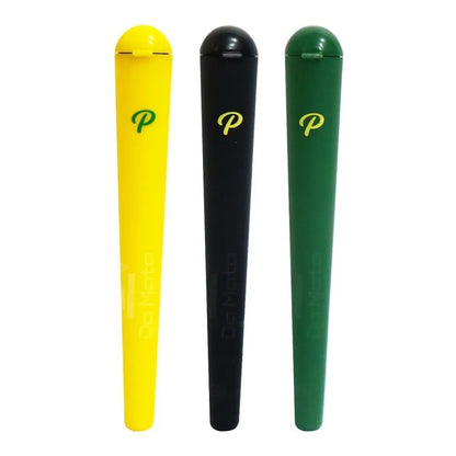 Três tubos Papelito Tubelitos com tampa, nas cores amarelo, preto e verde.