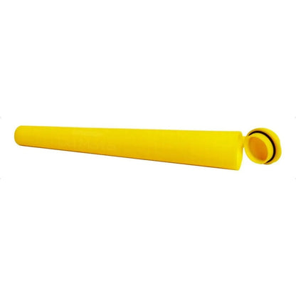 Tubo plástico amarelo Papelito deitado, com a tampa removida ao lado.