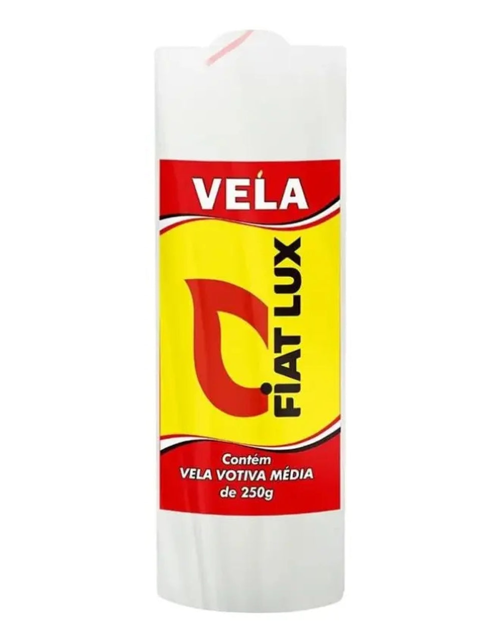 Vela votiva branca Fiat Lux com rótulo indicando tamanho medio e 250 g, vista de frente.