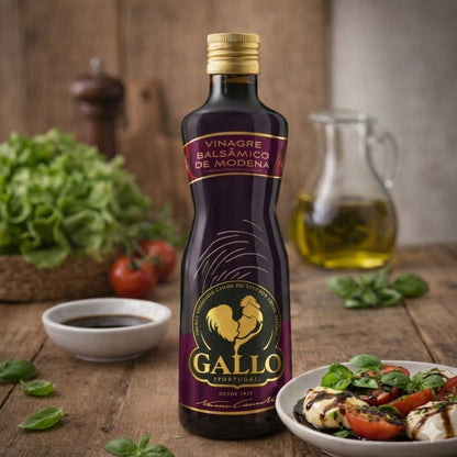 Garrafa de vinagre balsâmico Gallo em cenário de cozinha, junto a salada e molho.