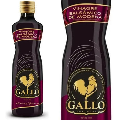 Garrafa de vinagre balsâmico Gallo ao lado de um detalhe ampliado do rótulo.