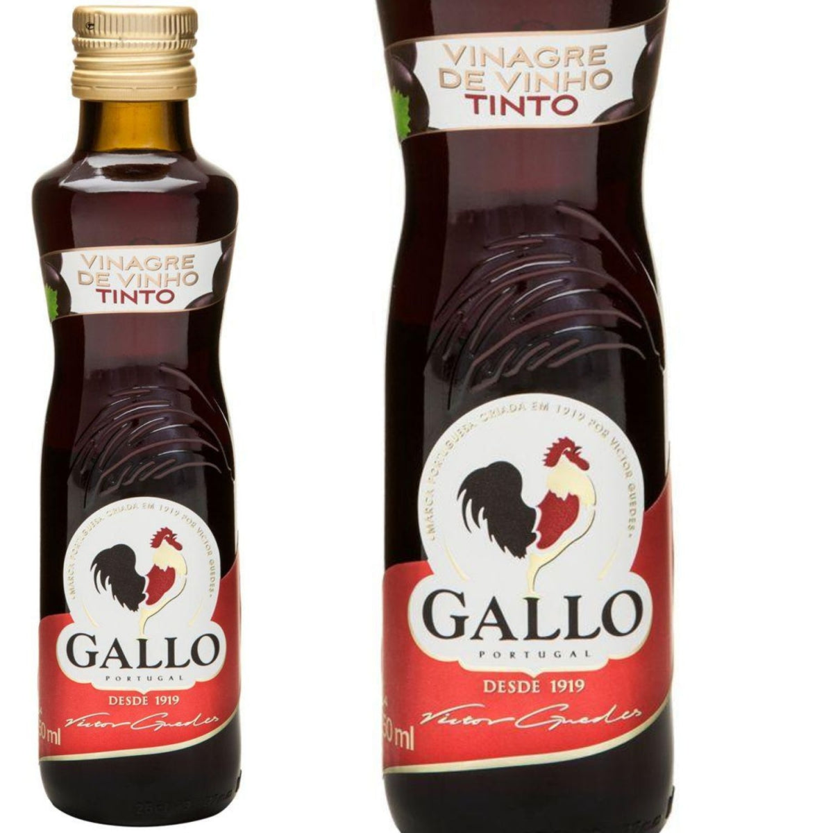 Garrafa de vinagre Gallo de 250 ml ao lado de um close do rótulo frontal.