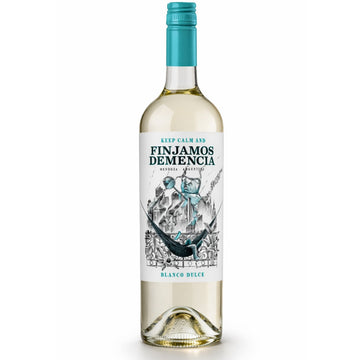 Garrafa de vinho branco doce Finjamos Demencia Blanco Dulce com tampa turquesa e rótulo ilustrado.