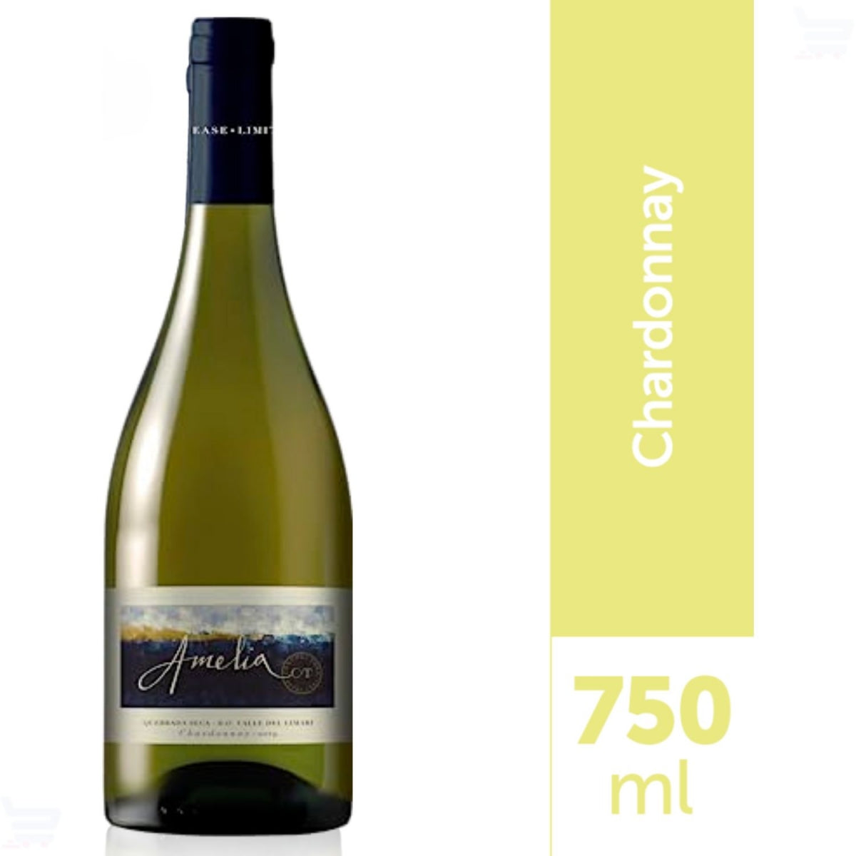 Garrafa de vinho Amelia Chardonnay e indicação de volume de 750 ml.