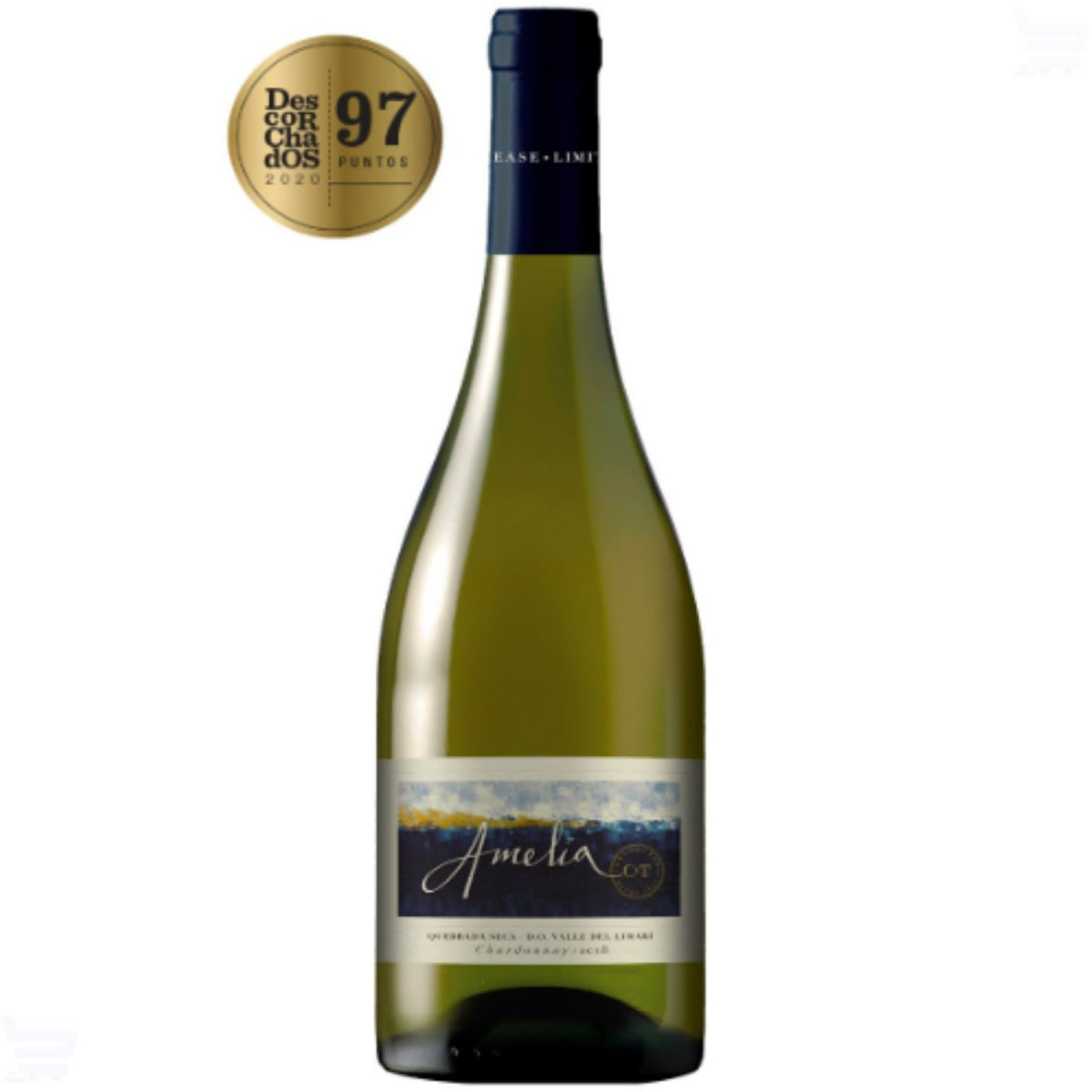 Garrafa Amelia Chardonnay 2018 com selo de 97 pontos Descorchados 2020.