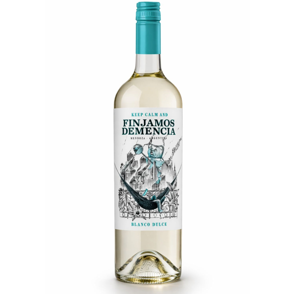 Garrafa de vinho branco doce Finjamos Demencia Blanco Dulce com tampa turquesa e rótulo ilustrado.