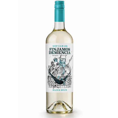Garrafa de vinho branco doce Finjamos Demencia Blanco Dulce com tampa turquesa e rótulo ilustrado.