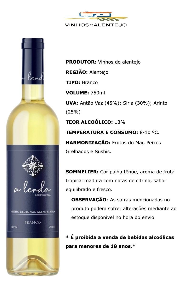 Garrafa do vinho branco A Lenda com ficha visual de região, uvas, teor alcoólico e harmonização.