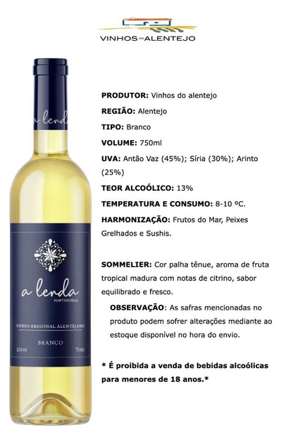 Garrafa do vinho branco A Lenda com ficha visual de região, uvas, teor alcoólico e harmonização.