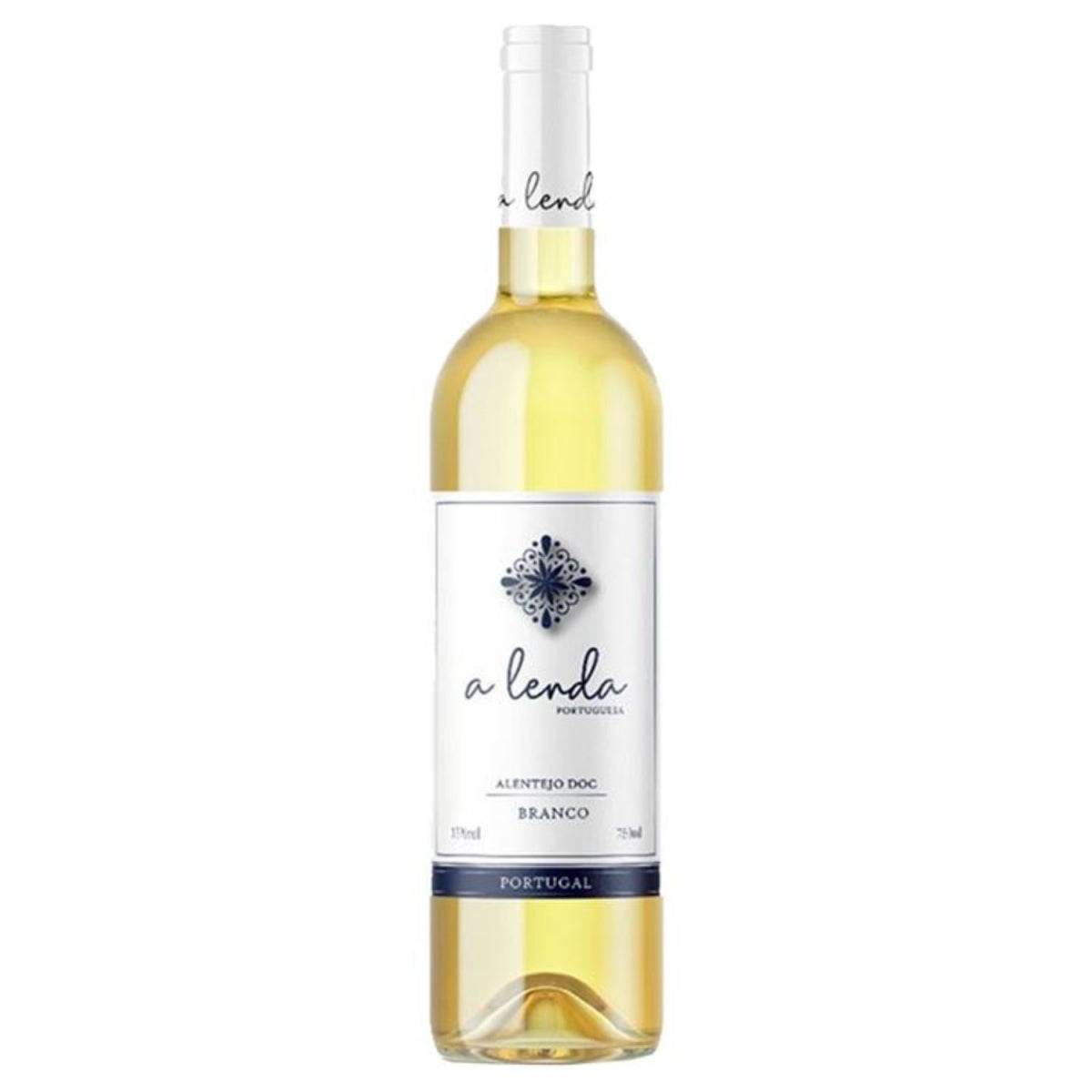 Garrafa de vinho branco A Lenda Portuguesa Alentejo DOC, com rótulo branco e detalhes azul-escuros.