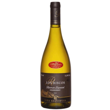 Garrafa de Los Riscos Reserva Especial Chardonnay, com rótulo escuro e vidro amarelo.