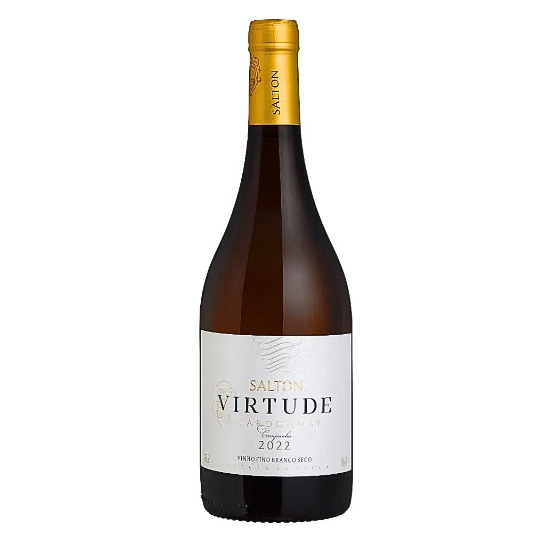 Garrafa de vinho Salton Virtude Chardonnay com rótulo branco e cápsula dourada.