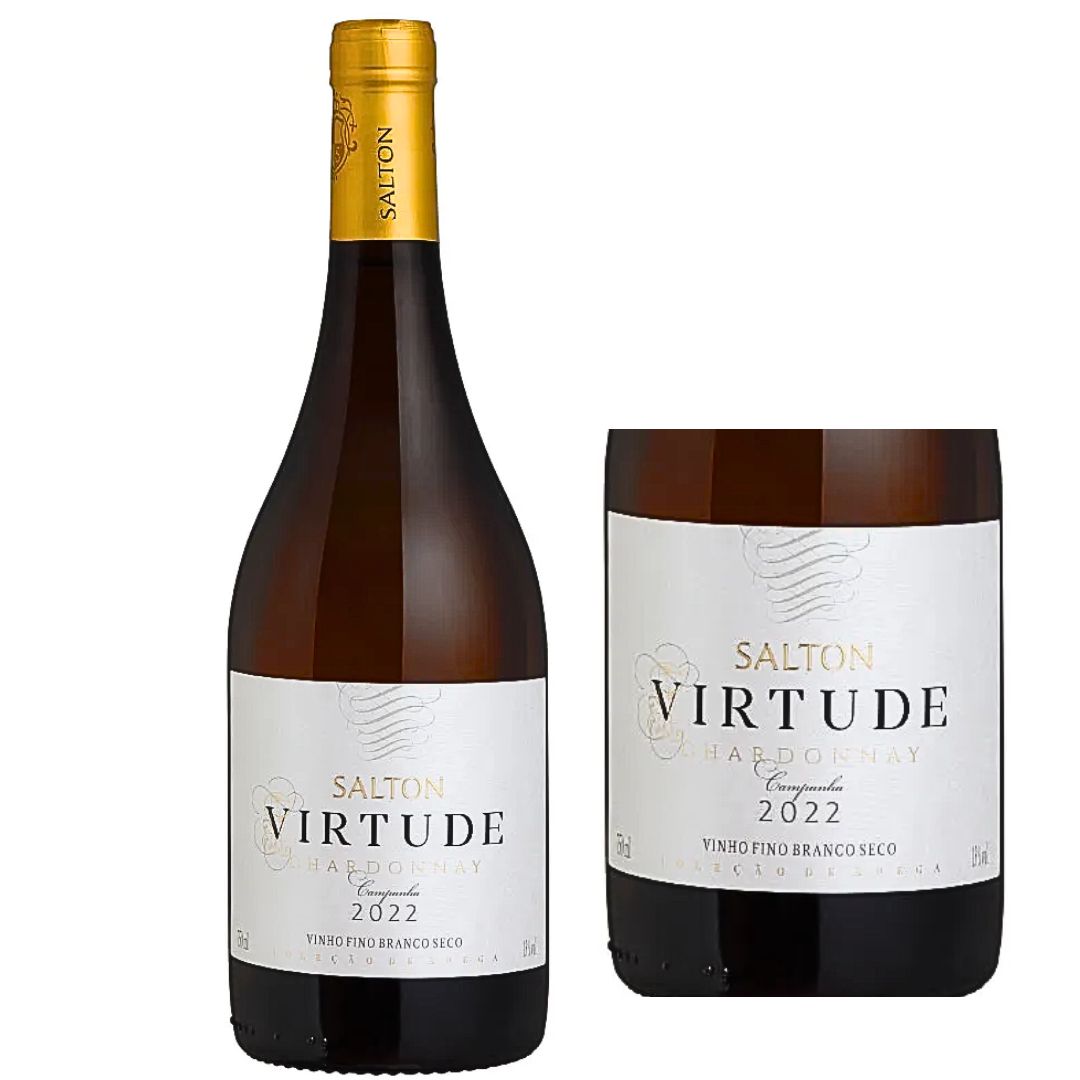 Garrafa Salton Virtude Chardonnay e detalhe ampliado do rótulo da safra 2022.