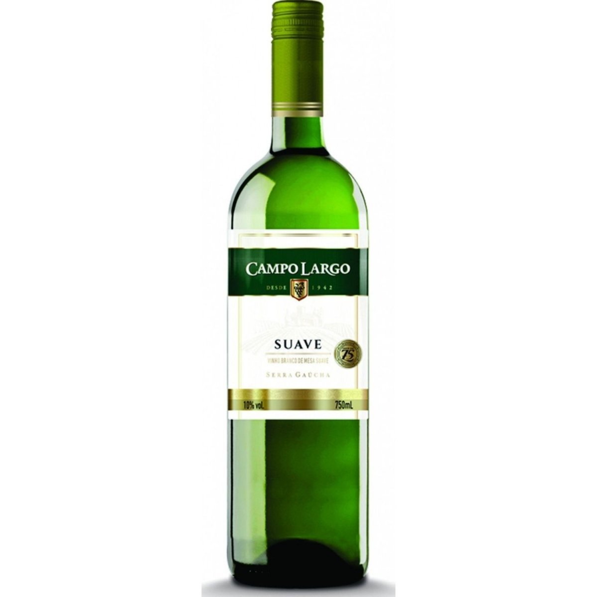 Garrafa verde de vinho Campo Largo branco suave, com rótulo indicando 750 ml e 10% vol.