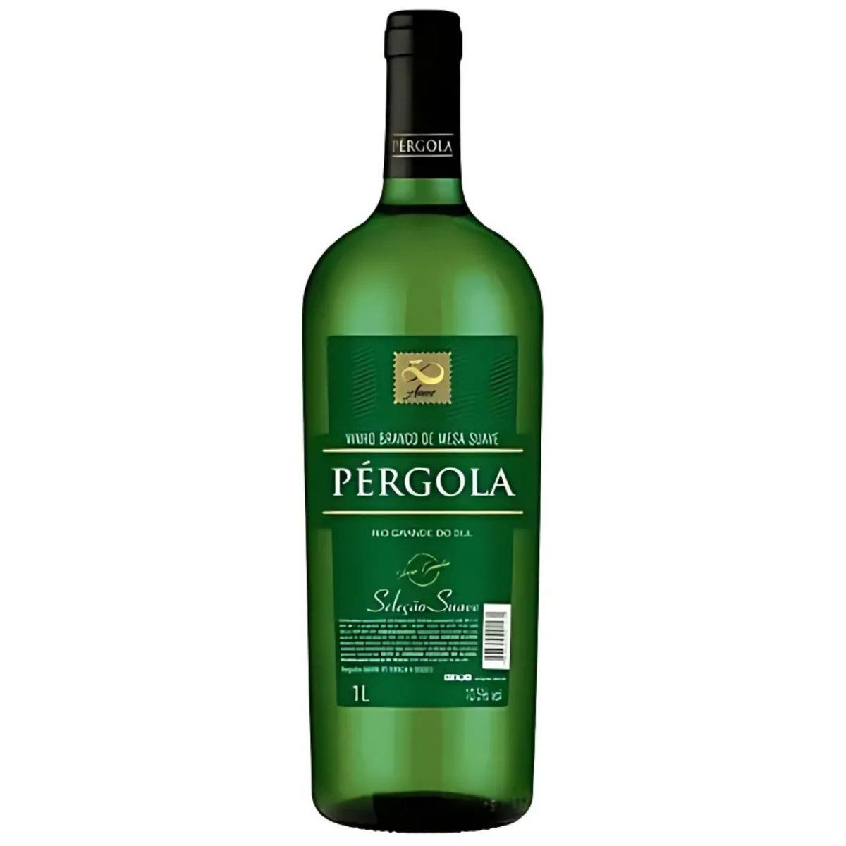 Garrafa verde de vinho branco de mesa suave Pérgola Seleção, com rótulo de 1 litro.