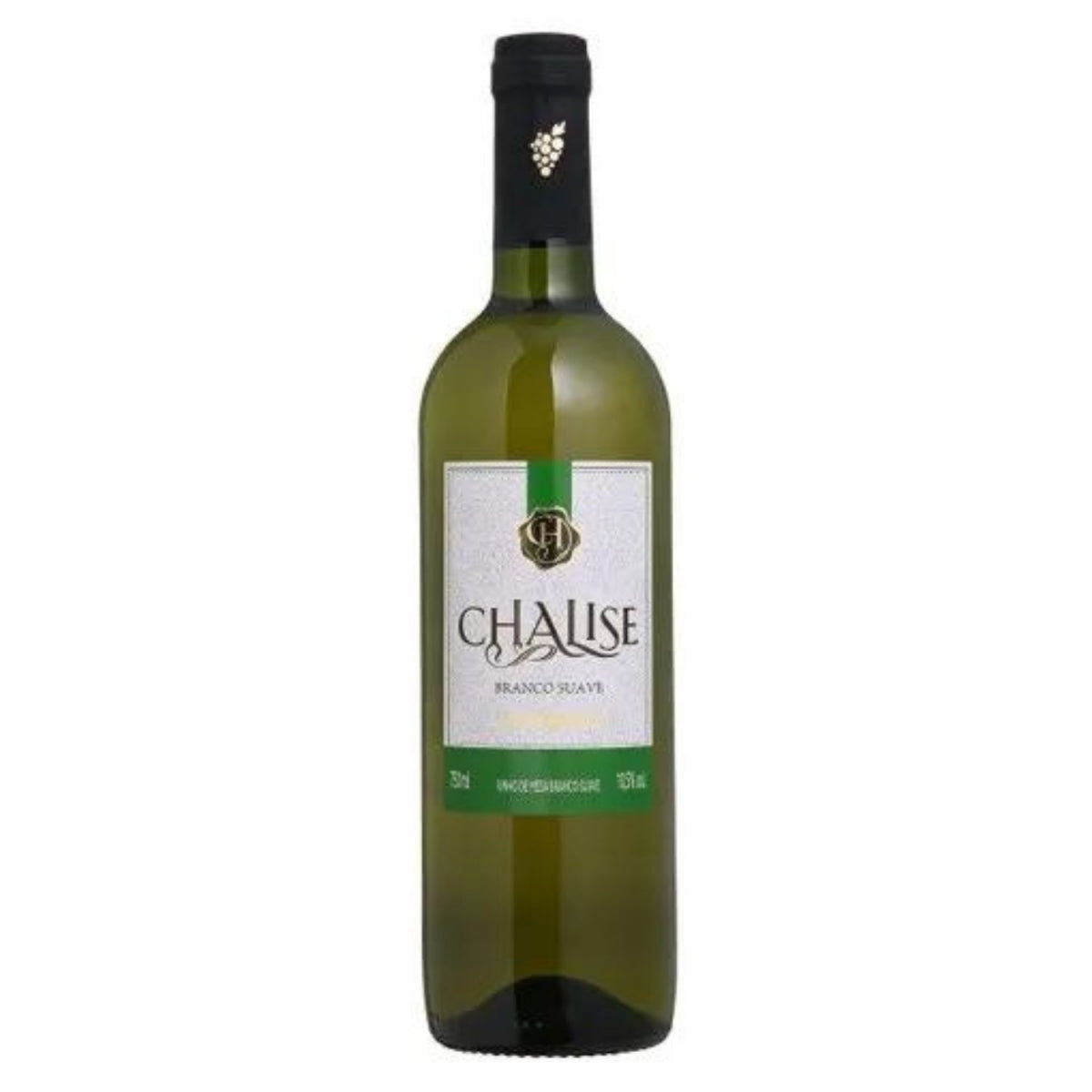 Garrafa de vinho Salton Chalise Branco Suave de 750 ml, com rótulo branco e verde.