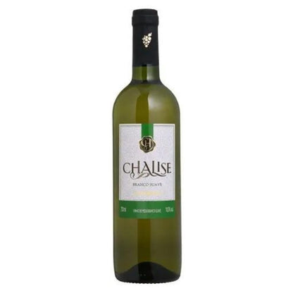 Garrafa de vinho Salton Chalise Branco Suave de 750 ml, com rótulo branco e verde.