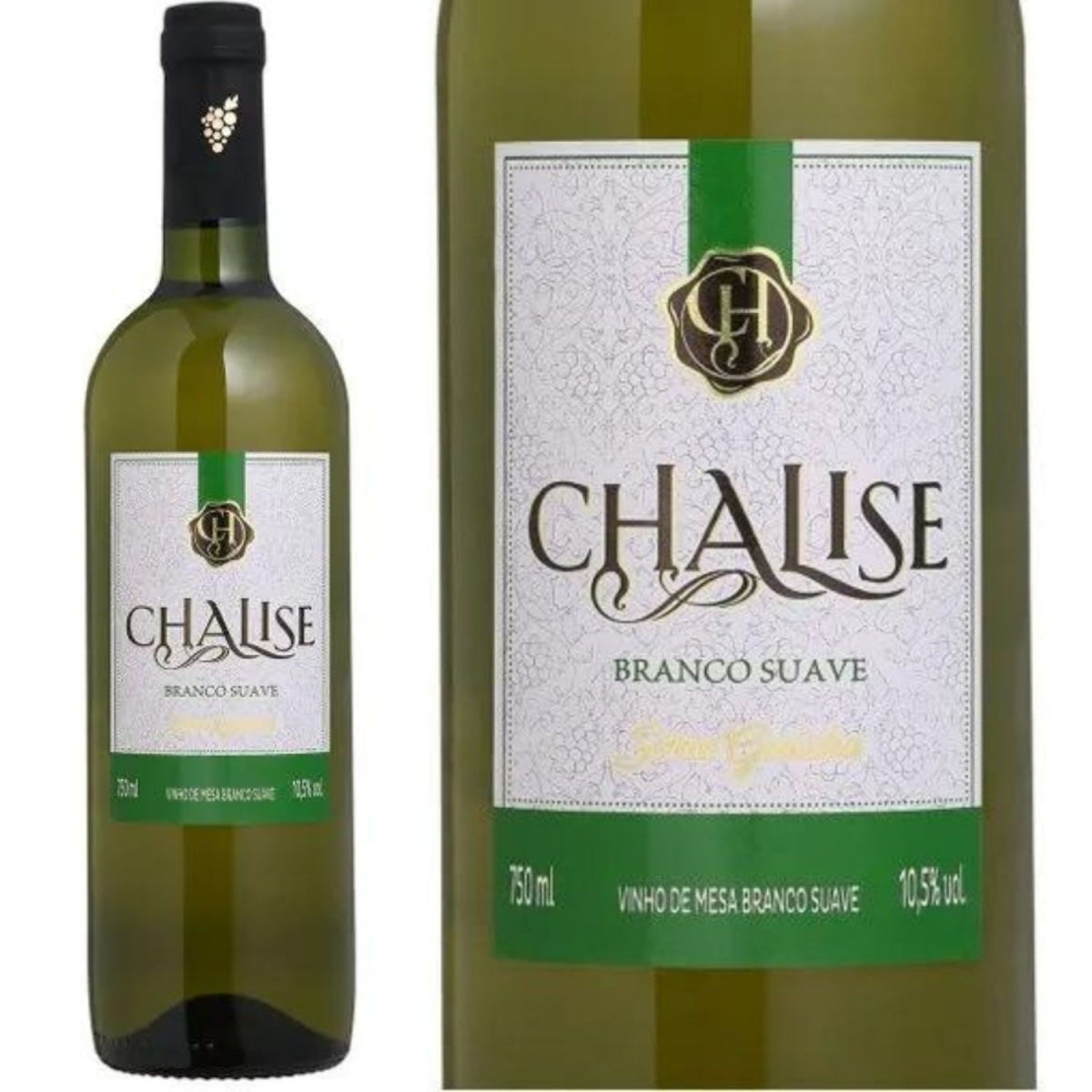 Garrafa Salton Chalise Branco Suave ao lado de um detalhe ampliado do rótulo, com indicação de 750 ml e 10,5% vol.