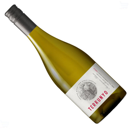 Garrafa de vinho Terrunyo Sauvignon Blanc inclinada, com rótulo branco e vidro amarelo-esverdeado.