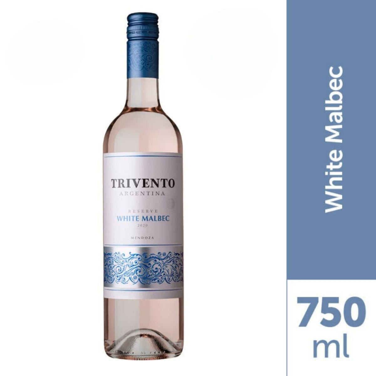 Garrafa Trivento Reserva White Malbec com rótulo azul e branco; imagem destaca o volume de 750 ml.