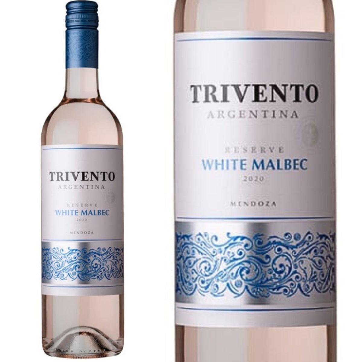 Garrafa Trivento Reserva White Malbec e detalhe do rótulo, com indicação da safra 2020 e origem Mendoza.