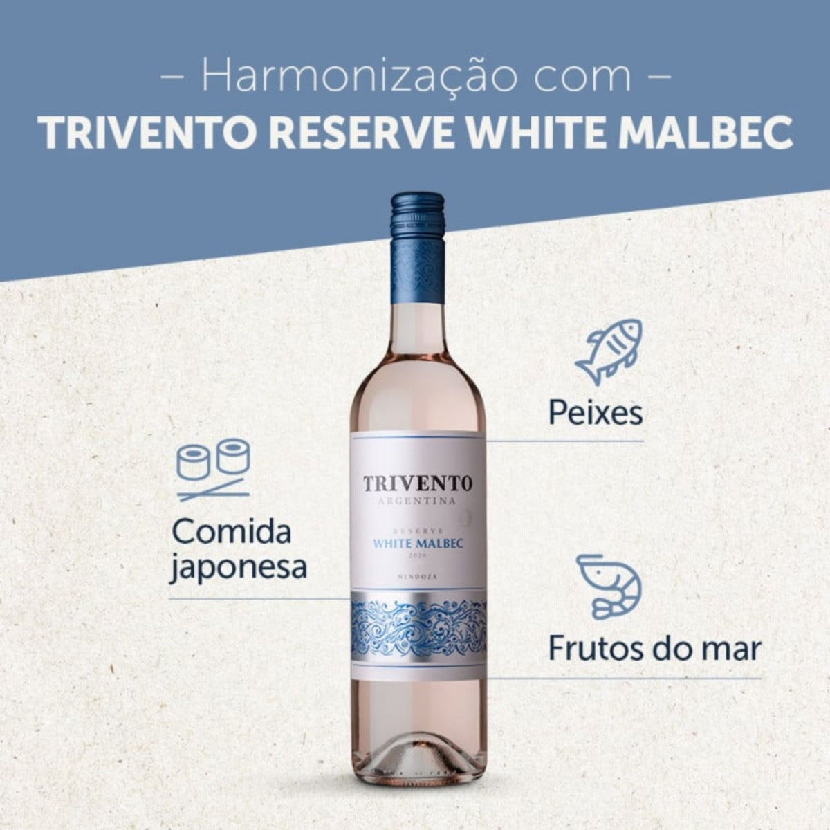 Imagem de harmonização do Trivento Reserva White Malbec com peixes, frutos do mar e comida japonesa.