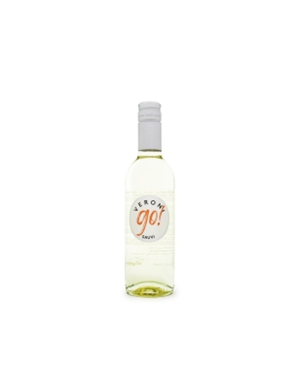 Garrafa de vinho branco Veroni Go com líquido claro e tampa branca.