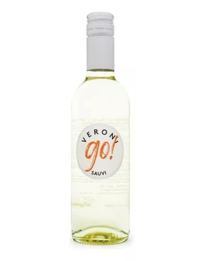 Garrafa de vinho branco Veroni Go Sauvi vista de frente.