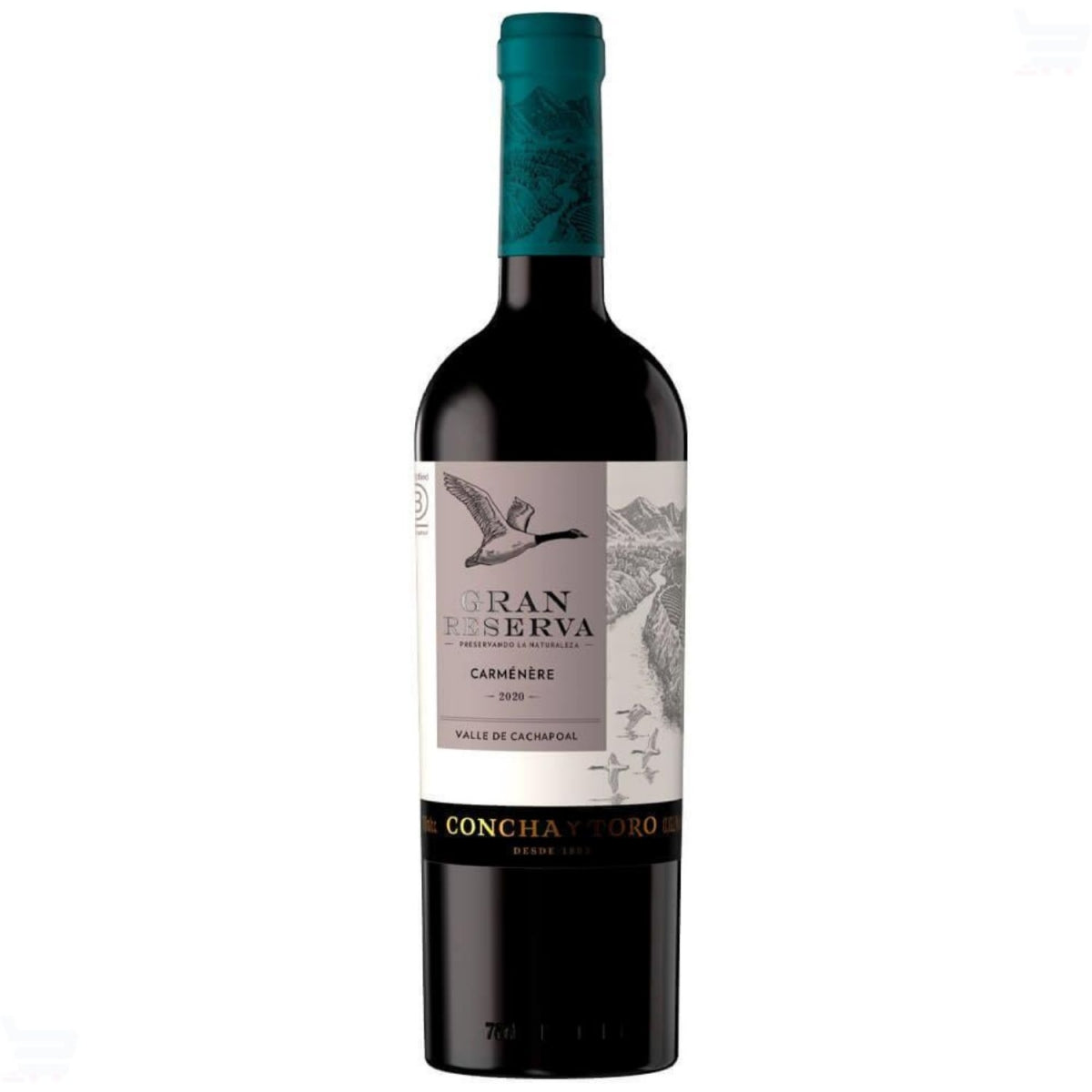 Garrafa de vinho tinto Concha y Toro Gran Reserva Carmenere 2020, com rótulo claro e cápsula verde.