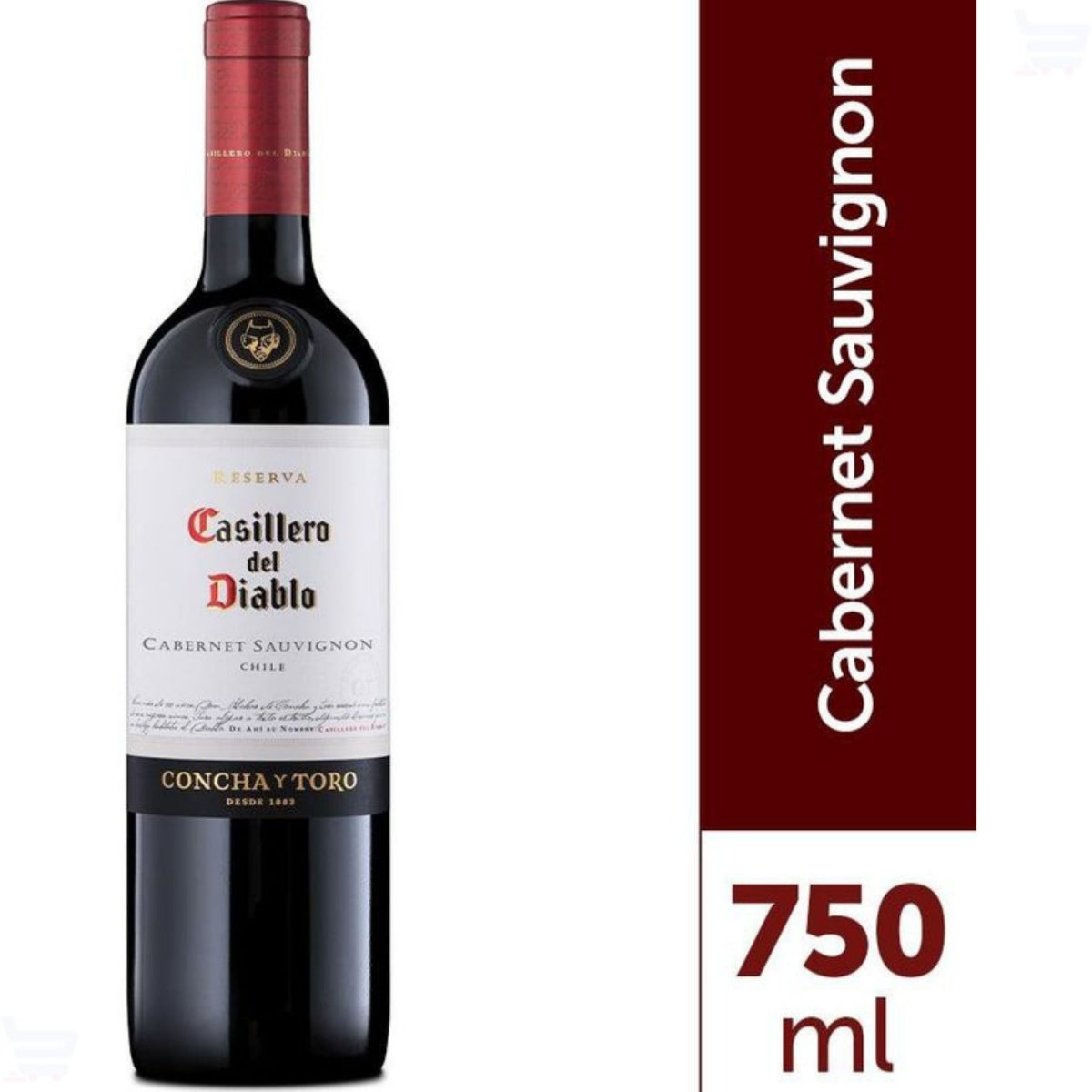 Garrafa de vinho Casillero del Diablo Reserva Cabernet Sauvignon do Chile, com indicação de 750 ml.