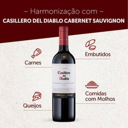 Vinho Casillero del Diablo Cabernet Sauvignon apresentado com sugestões de harmonização com carnes, embutidos, queijos e massas com molho.