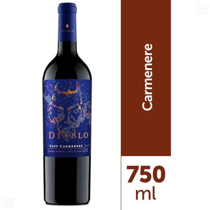 Garrafa de vinho tinto Diablo Deep Carmenere com rótulo azul e indicação de 750 ml.