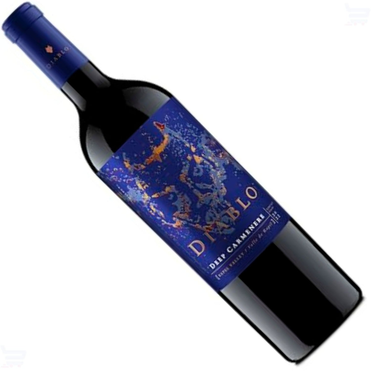 Garrafa escura de Diablo Deep Carmenere fotografada inclinada, com rótulo azul.