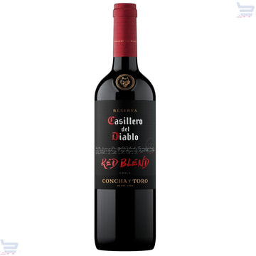 Garrafa de vinho Casillero del Diablo Reserva Red Blend, com rótulo preto e cápsula vermelha.