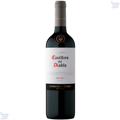 Garrafa de vinho tinto Casillero del Diablo Reserva Malbec, com rótulo branco e faixa preta.