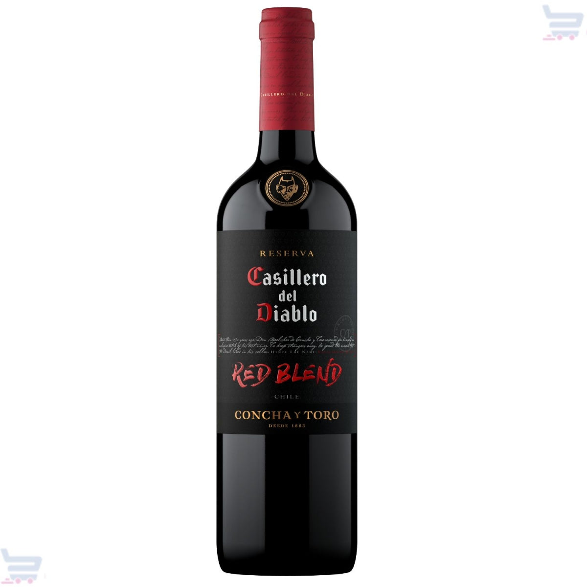Garrafa de vinho Casillero del Diablo Reserva Red Blend, com rótulo preto e cápsula vermelha.