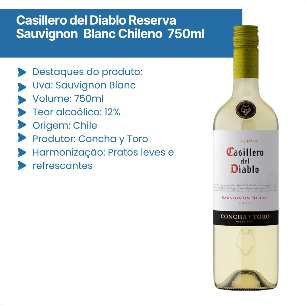 Vinho Casillero del Diablo Sauvignon Blanc 750 ml, com uva, origem e teor alcoólico destacados