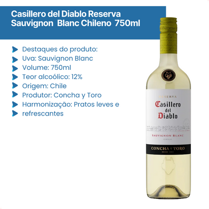 Vinho Casillero del Diablo Sauvignon Blanc 750 ml, com uva, origem e teor alcoólico destacados