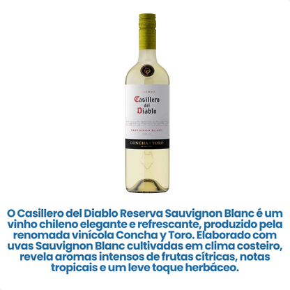 Garrafa de vinho Sauvignon Blanc e texto promocional sobre aromas e produção