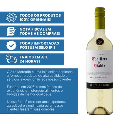 Garrafa de vinho Casillero del Diablo Sauvignon Blanc ao lado de informações promocionais