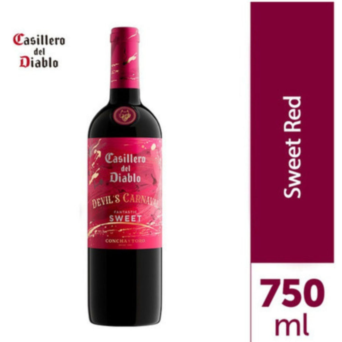 Garrafa de vinho Casillero del Diablo Devil's Carnival Fantastic Sweet Red 750 ml, com rótulo vermelho.