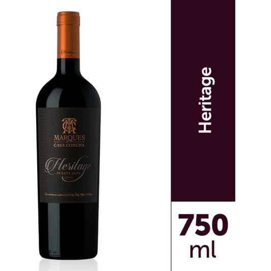 Garrafa de vinho tinto Marques de Casa Concha Heritage 2020, 750 ml, com rótulo preto e detalhes cobre.