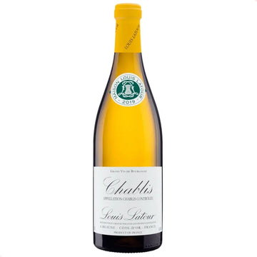 Garrafa de vinho Louis Latour Chablis com cápsula amarela e rótulo branco.